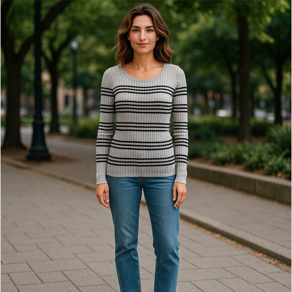 Striped Knit Scoop Neck Ribbed Top L 12-14 - Picture 1 of 8